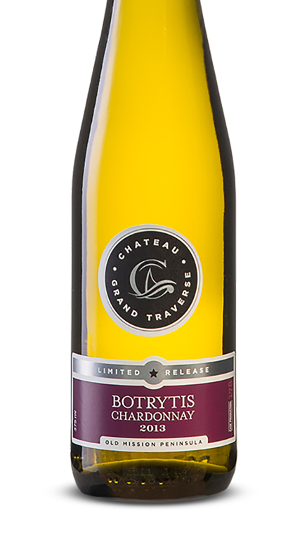 a bottle of 2013 Botrytis Chardonnay from Chateau Grand Traverse