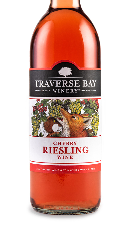 a bottle of Cherry Riesling Wine 25% Cherry Wine and 75% white wine blend from Traverse Bay Winery